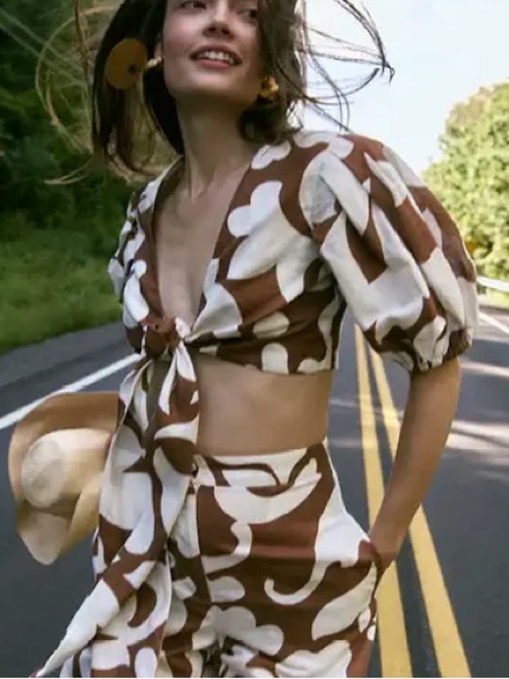 RHODE Brown Ivory Abstract Print Tie Front Puff Sleeve Crop Top Plunging XS